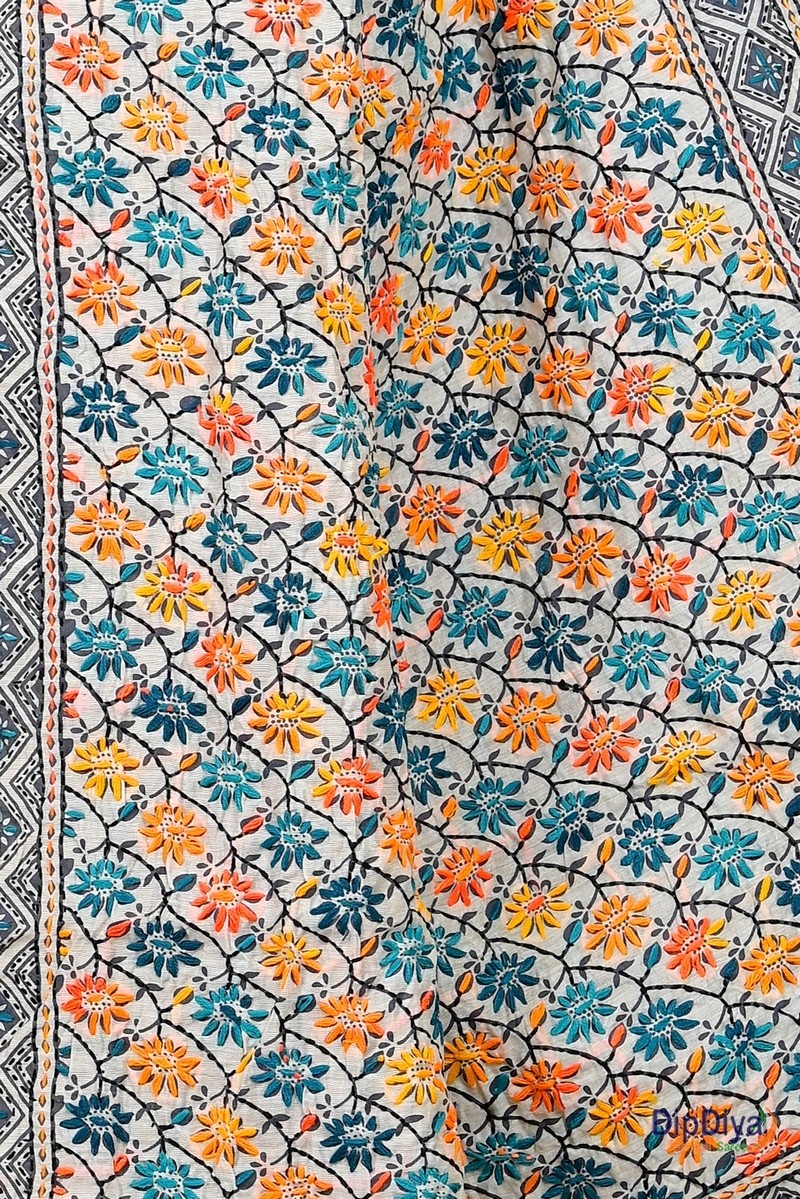 White Cotton Varitikath Kantha Stitch Saree (601)